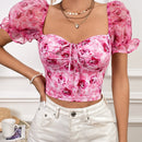 VCAY Top crop con estampado floral con cordon delantero de manga farol