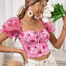 VCAY Top crop con estampado floral con cordon delantero de manga farol