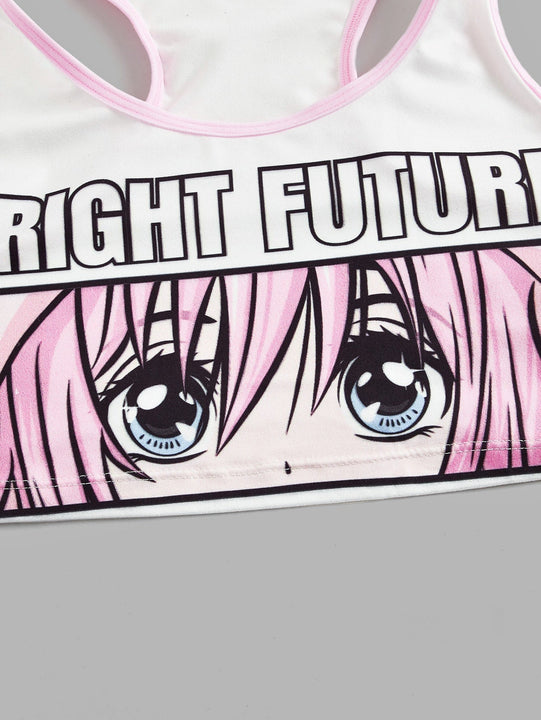 ROMWE Anime Set de lenceria con letra con estampado de figura de dibujos animados unido en contraste