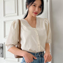DAZY Blusa De Encaje Guipure Con Mangas Abullonadas Y Botones En La Parte Delantera