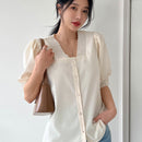 DAZY Blusa De Encaje Guipure Con Mangas Abullonadas Y Botones En La Parte Delantera