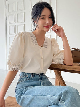 DAZY Blusa De Encaje Guipure Con Mangas Abullonadas Y Botones En La Parte Delantera