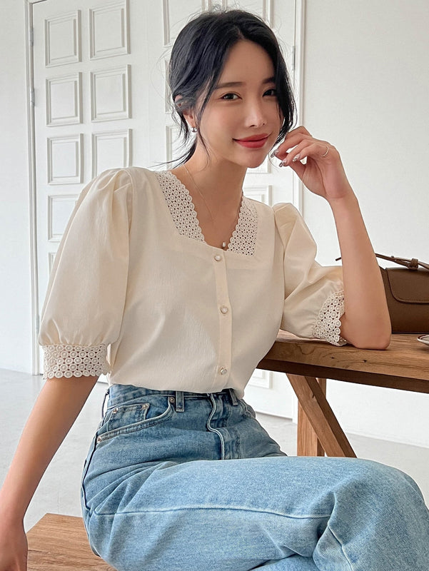 DAZY Blusa De Encaje Guipure Con Mangas Abullonadas Y Botones En La Parte Delantera