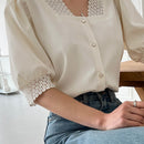 DAZY Blusa De Encaje Guipure Con Mangas Abullonadas Y Botones En La Parte Delantera