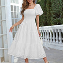 Simplee Vestido schiffy de cuello cuadrado de manga farol bajo con fruncido