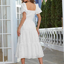 Simplee Vestido schiffy de cuello cuadrado de manga farol bajo con fruncido