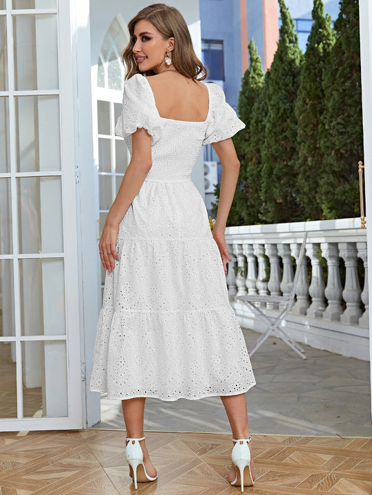 Simplee Vestido schiffy de cuello cuadrado de manga farol bajo con fruncido