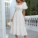 Simplee Vestido schiffy de cuello cuadrado de manga farol bajo con fruncido