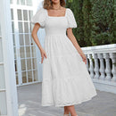 Simplee Vestido schiffy de cuello cuadrado de manga farol bajo con fruncido