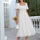 Simplee Vestido schiffy de cuello cuadrado de manga farol bajo con fruncido