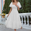 Simplee Vestido schiffy de cuello cuadrado de manga farol bajo con fruncido