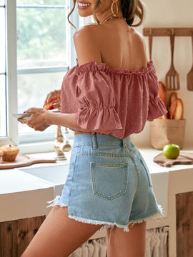 VCAY Camisa crop de lunares de hombros descubiertos ribete fruncido con nudo delantero