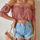 VCAY Camisa crop de lunares de hombros descubiertos ribete fruncido con nudo delantero