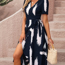 Prive Vestido cruzado con estampado de pincelada con cinturon
