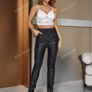 Eilly bazar pantalones de cintura con cordon con bolsillo lateral con solapa pu