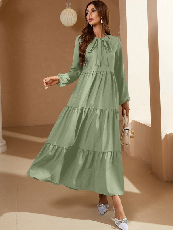 Frenchy Vestido de cuello con cordon de manga farol bajo con fruncido