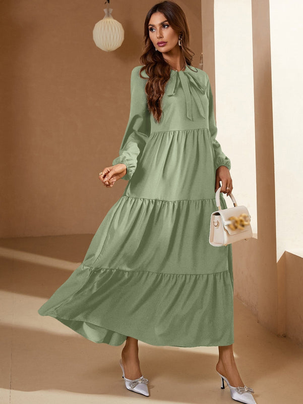 Frenchy Vestido de cuello con cordon de manga farol bajo con fruncido