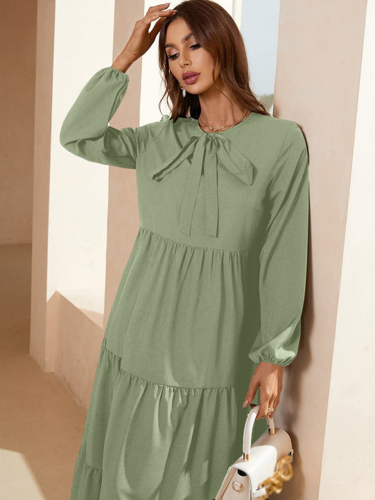 Frenchy Vestido de cuello con cordon de manga farol bajo con fruncido