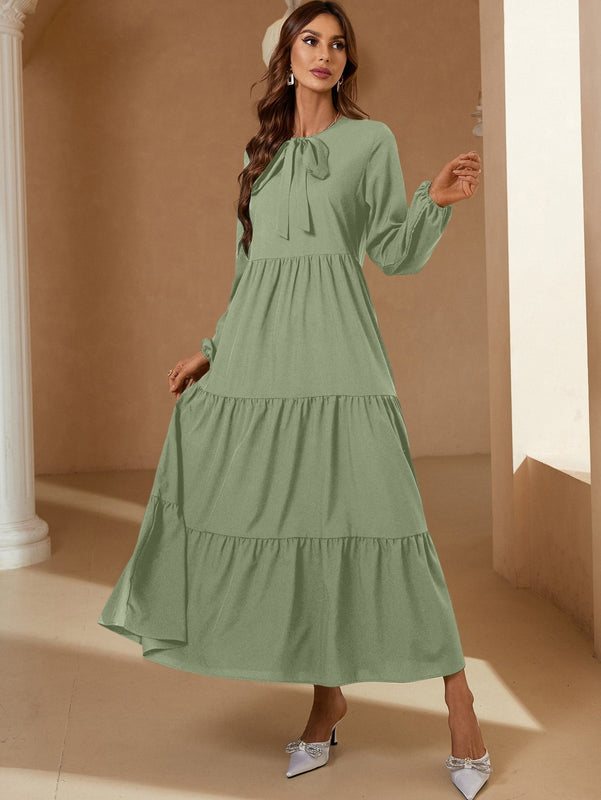 Frenchy Vestido de cuello con cordon de manga farol bajo con fruncido