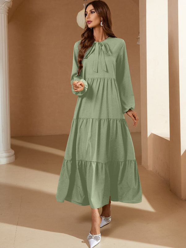 Frenchy Vestido de cuello con cordon de manga farol bajo con fruncido