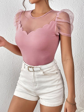 Prive Camiseta de malla en contraste ribete en abanico de manga farol