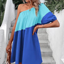 VCAY Vestido smock de dos tonos de un hombro de manga farol