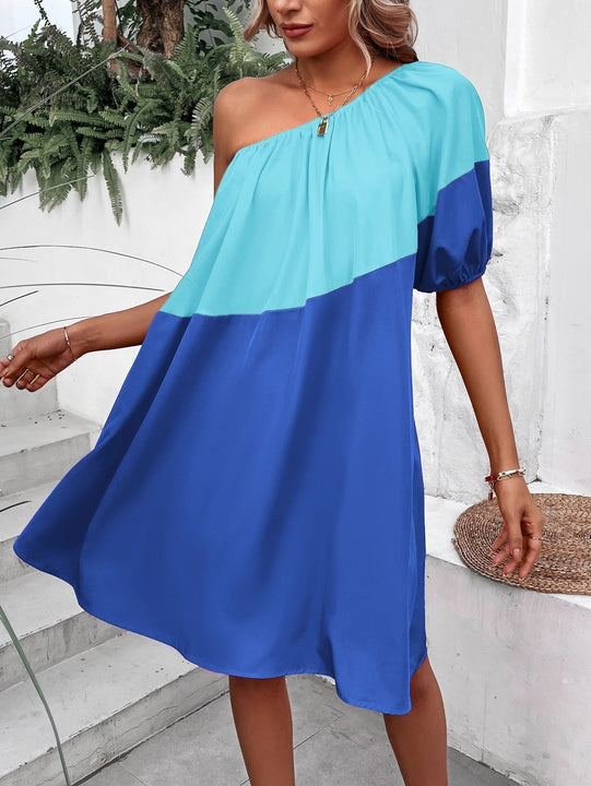 VCAY Vestido smock de dos tonos de un hombro de manga farol