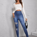 LUNE Pantalones ajustados de talle alto desgarro