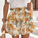 VCAY Shorts con estampado floral de cintura con volante con cordon delantero