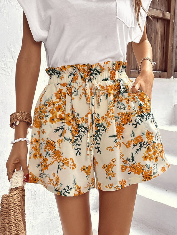 VCAY Shorts con estampado floral de cintura con volante con cordon delantero