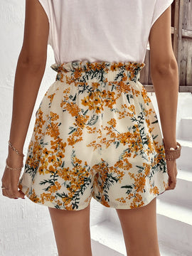VCAY Shorts con estampado floral de cintura con volante con cordon delantero