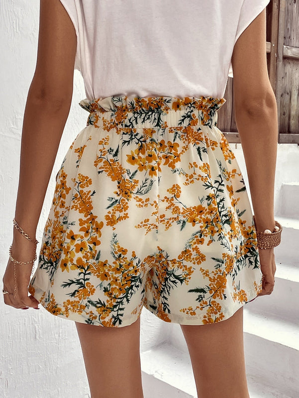 VCAY Shorts con estampado floral de cintura con volante con cordon delantero