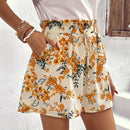 VCAY Shorts con estampado floral de cintura con volante con cordon delantero