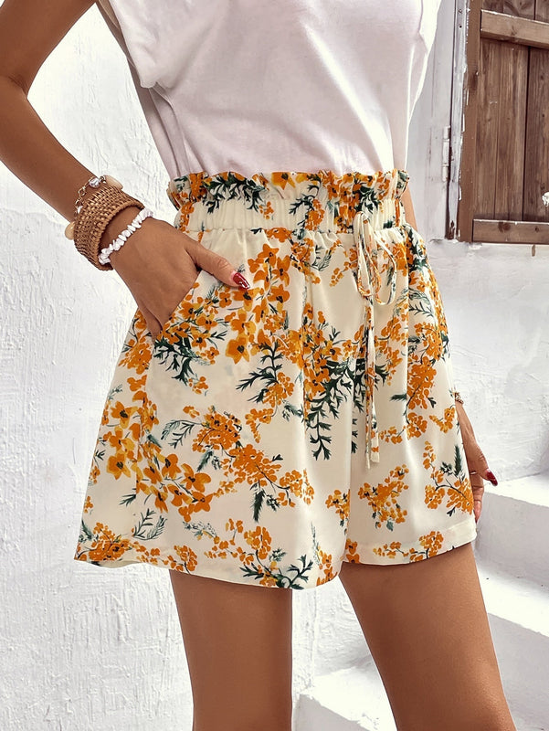 VCAY Shorts con estampado floral de cintura con volante con cordon delantero