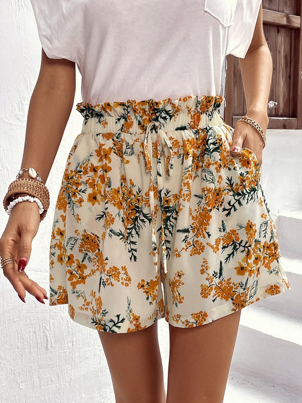 VCAY Shorts con estampado floral de cintura con volante con cordon delantero