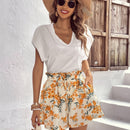VCAY Shorts con estampado floral de cintura con volante con cordon delantero