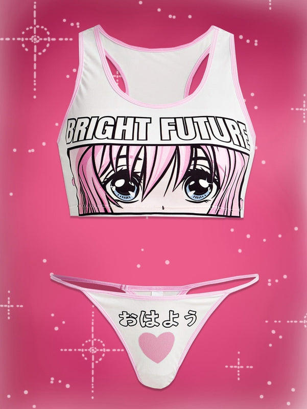 ROMWE Anime Set de lenceria con letra con estampado de figura de dibujos animados unido en contraste