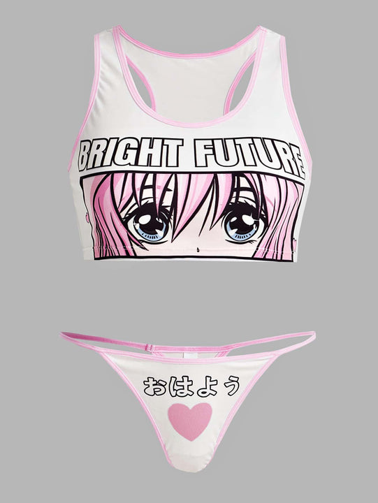ROMWE Anime Set de lenceria con letra con estampado de figura de dibujos animados unido en contraste