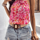 VCAY Blusa con estampado de espalda con abertura de ojo de cuello halter