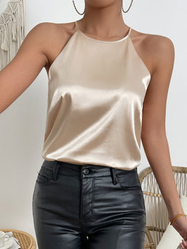 Prive Blusa unicolor de espalda con abertura de ojo de saten
