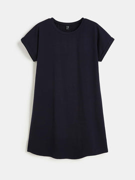 BASICS Vestido camiseta unicolor algodon manga enrollada