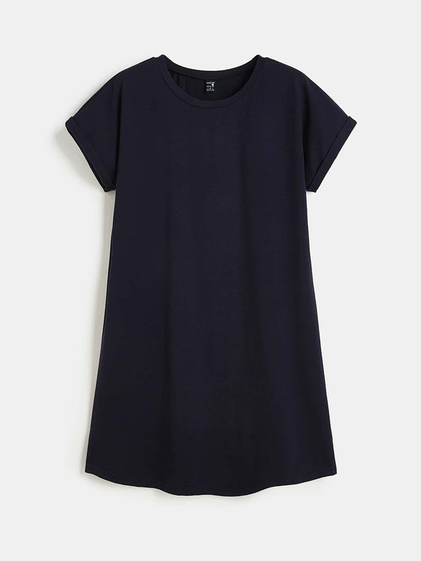 BASICS Vestido camiseta unicolor algodon manga enrollada