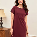 BASICS Vestido camiseta unicolor algodon manga enrollada