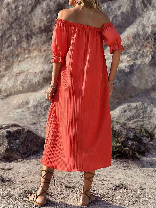 Vestido de cuello asimetrico ribete fruncido de manga farol