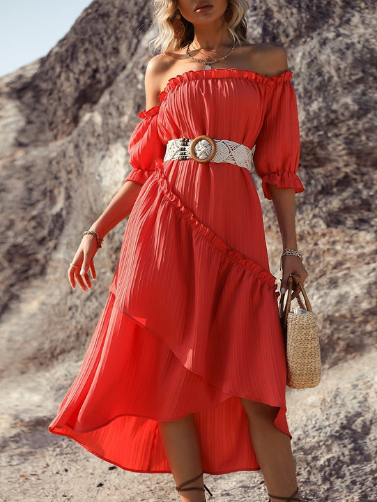 Vestido de cuello asimetrico ribete fruncido de manga farol