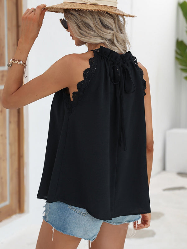 LUNE Blusa ribete con encaje de cuello halter con cordon trasero