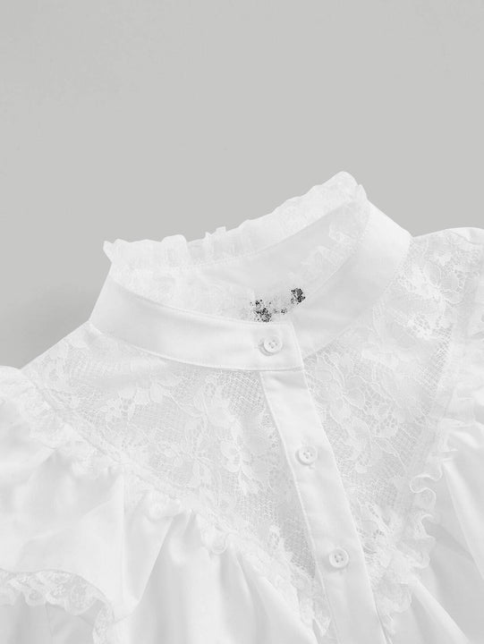 MOD Camisa con encaje en contraste ribete con fruncido de manga farol ribete con fruncido crop