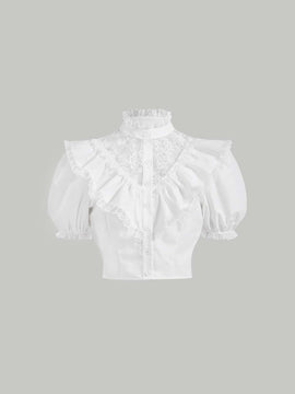 MOD Camisa con encaje en contraste ribete con fruncido de manga farol ribete con fruncido crop