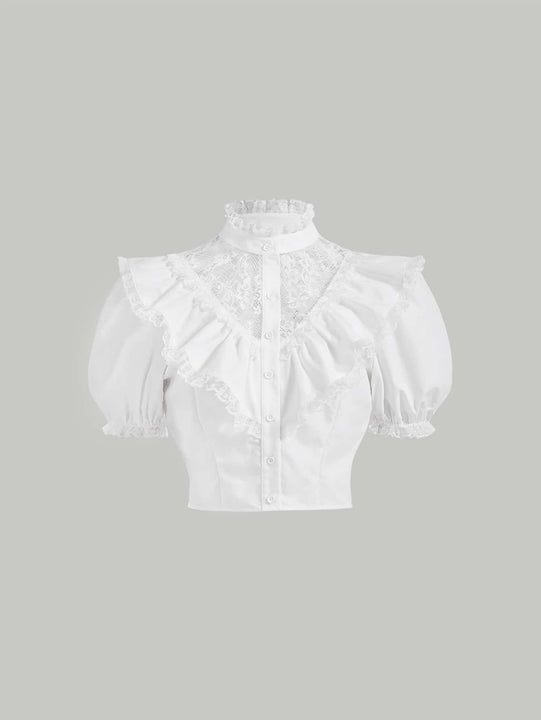 MOD Camisa con encaje en contraste ribete con fruncido de manga farol ribete con fruncido crop