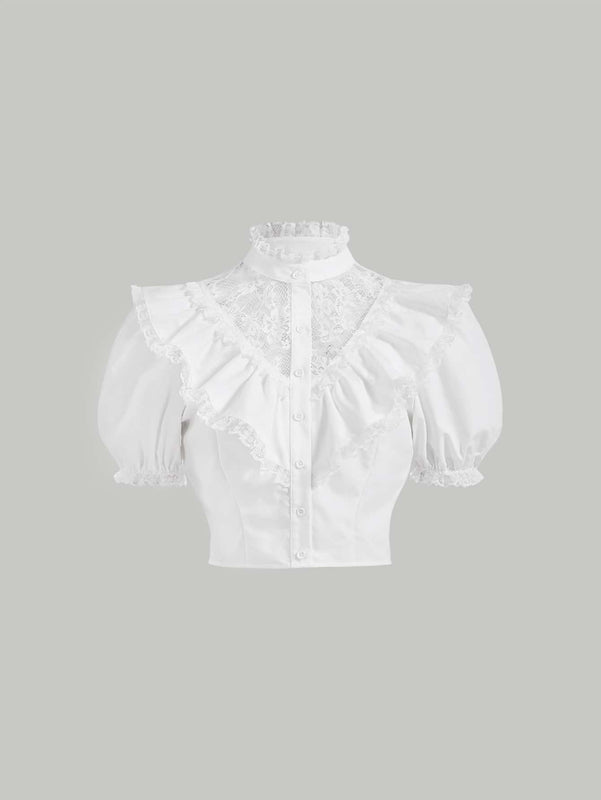 MOD Camisa con encaje en contraste ribete con fruncido de manga farol ribete con fruncido crop